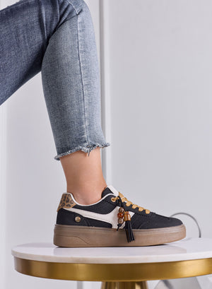 NASTIA - Sneakers Donna nere Scamosciate con Nappine e Perline