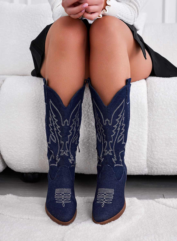 JENNIE - Bottines camperos bleu jean avec broderie