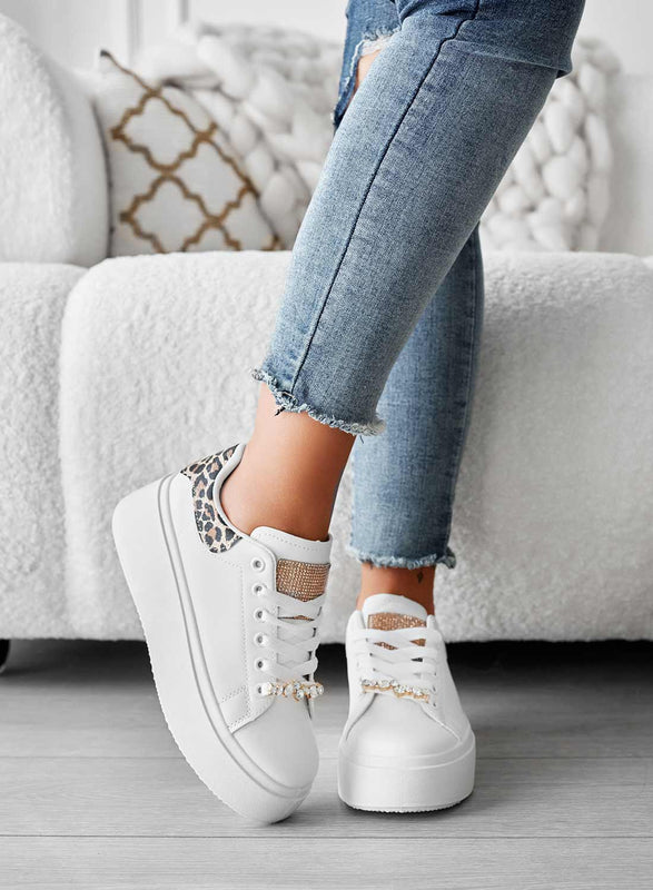 DELIA - White sneakers with jewel application and leopard print back