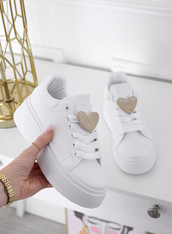 BELINDA - White sneakers with gold rhinestone heart