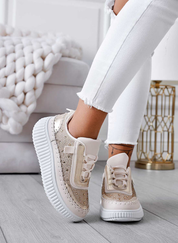 ANTONELLA - Beige sneakers with gold inserts and rhinestones