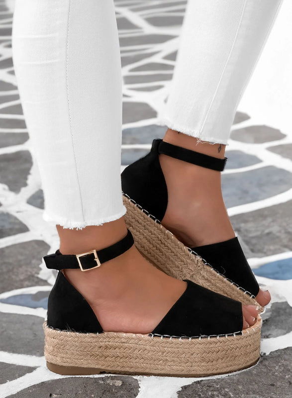 LICIA - Black suede espadrilles with wedge and ankle strap