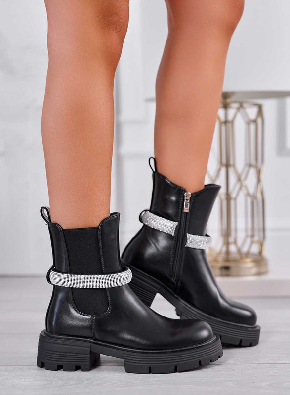 TASSIA - Bottines noires avec élastique latéral et bande strass