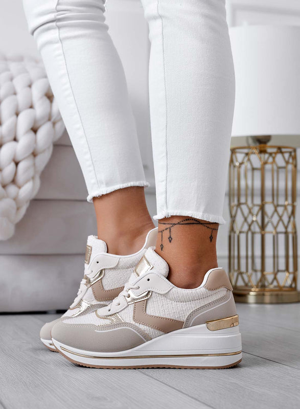 FIONA - Beige sneakers with contrasting panels and wedge heel