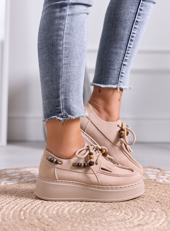 ORNELLA - Mocassini sneakers Platform Beige con Frange e Perline