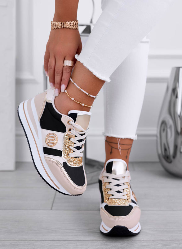 LOPEZ - Beige sneakers with black contrasting panels and gold glitter