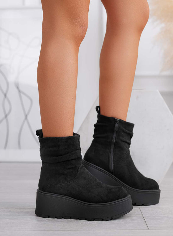 MIEL black suede ankle boots with wedge heel
