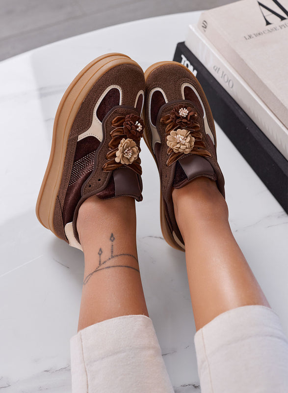 CLOE - Sneakers Donna marroni con Fiori e Suola Platform