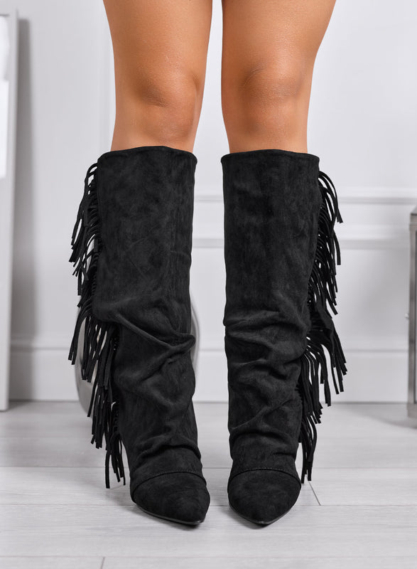 NICOLETTA - Black high boots with side fringes and low heel