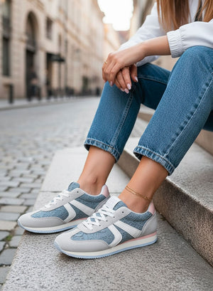 GIULIANA - Gray sneakers with blue lace and pink inserts