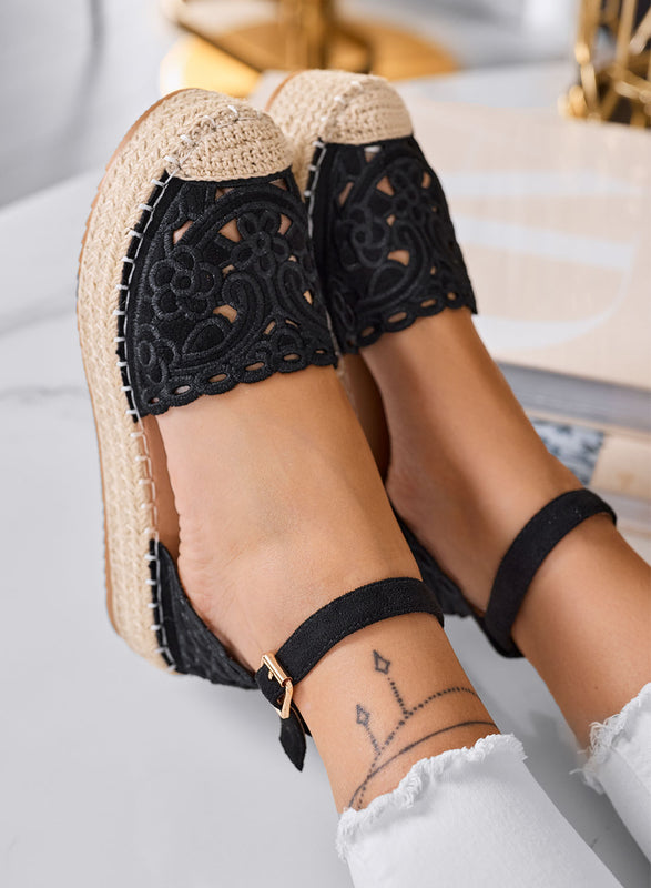 CRISTY - Black embroidered espadrilles with ankle strap and rope platform sole