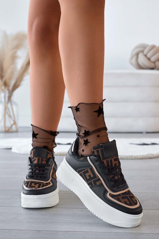 MIRELA - Black sneakers with patterned fabric inserts