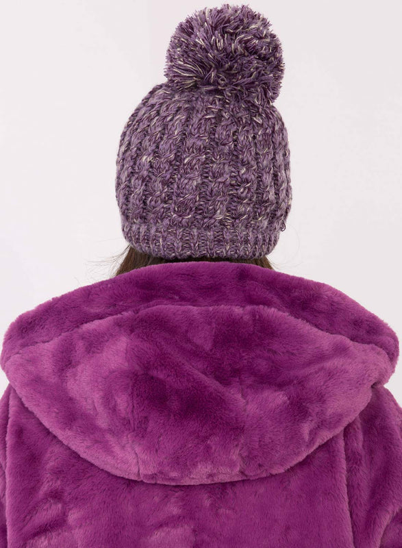 Purple padded hat with rhinestones and pompom
