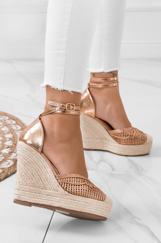 LORNA - Rose gold embroidered espadrilles with wedge