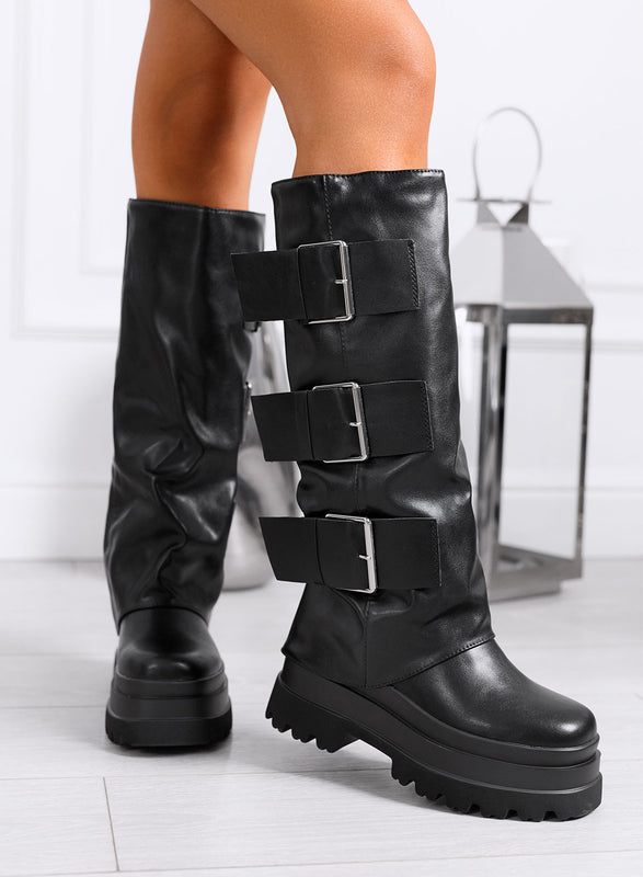 TANGERI - Black high boots with large buckles and platform sole