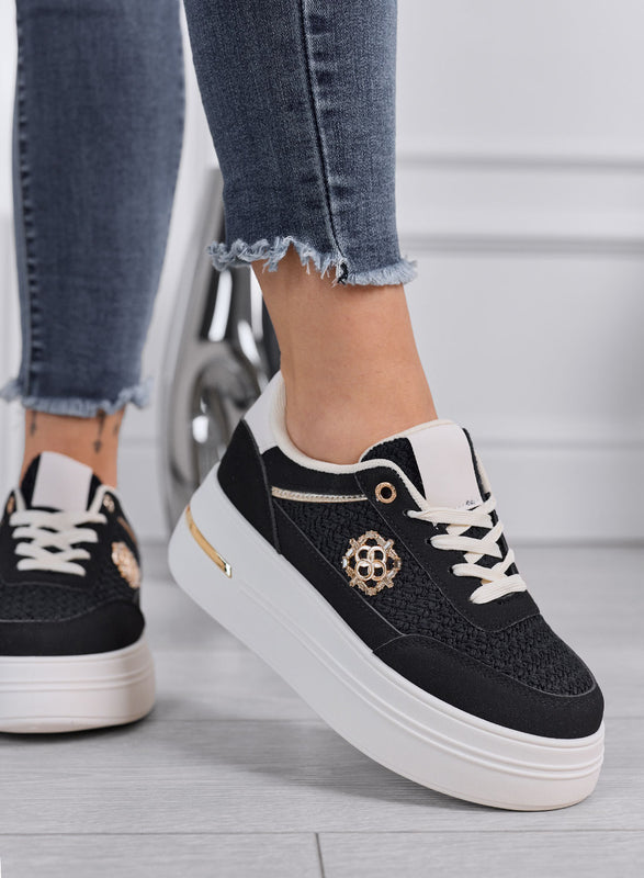 CLARA - Baskets noires à plateforme avec inserts tressés et détails dorés