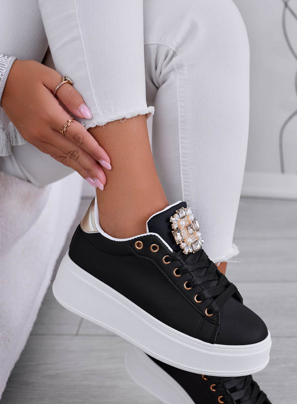 SOPHIE - Black sneakers with jewel application and gold back