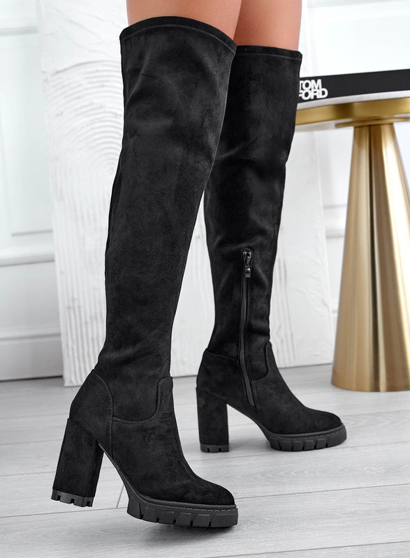 WAYNE - Black thigh-high boots with comfortable heels