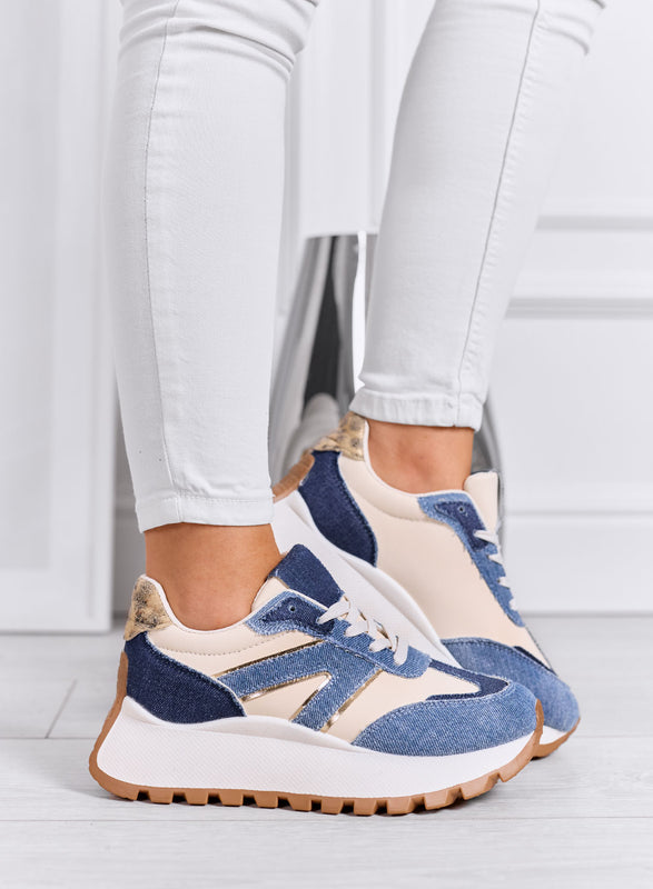 DENISE - Baskets bleu jean avec empiècements beiges et semelle épaisse