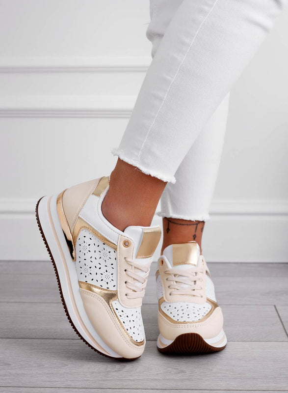 MINA - Beige perforated sneakers with gold inserts