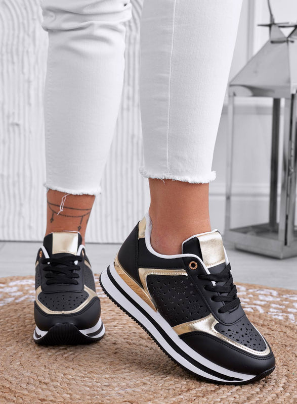 MINA - Black perforated sneakers with gold inserts