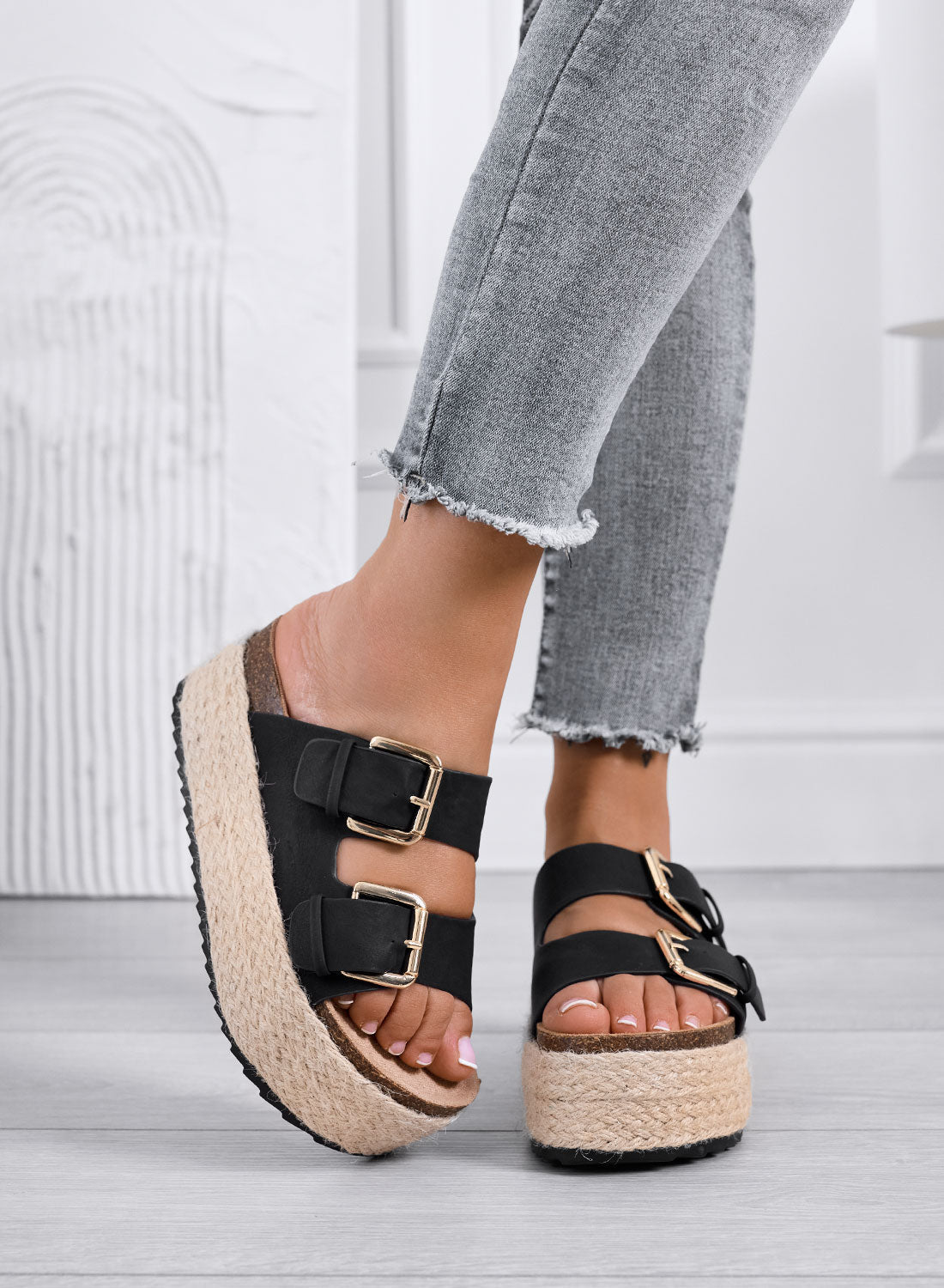 DANIEL – Black platform slide sandals with double buckle and rope sole