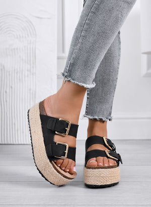 DANIEL – Black platform slide sandals with double buckle and rope sole