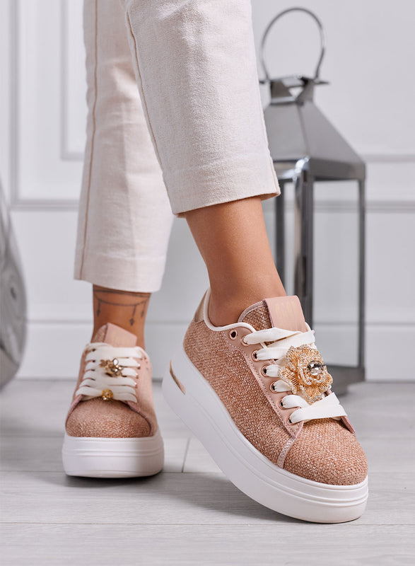 JANIS - Sneakers Donna rosa con Fiore Gioiello e Suola Platform