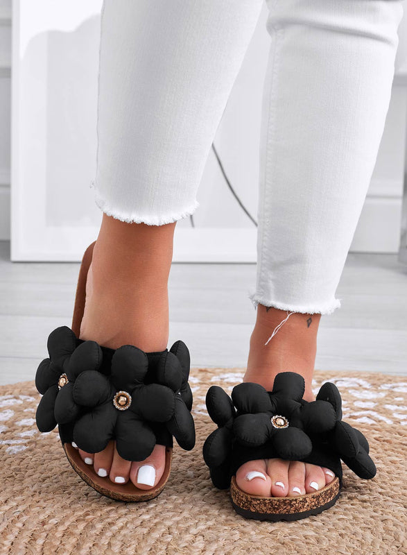 BARBARA - Black slipper sandals with soft flowers