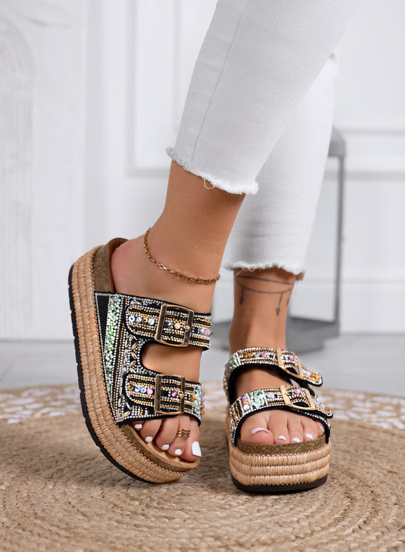 LOGAN - Black Platform Sandals with Colorful Beads and Rhinestones