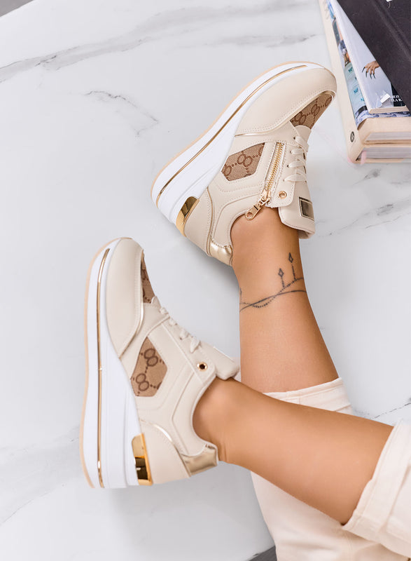 JERSEY - Beige sneakers with gold zip and monogram inserts