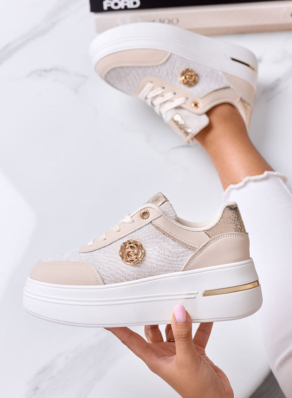 CARLA - Sneakers beige Platform con Inserti metallizzati e Tessuto