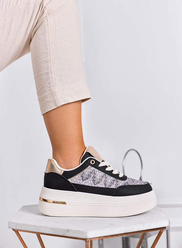 PRAGA - Black platform sneakers with patterned fabric inserts