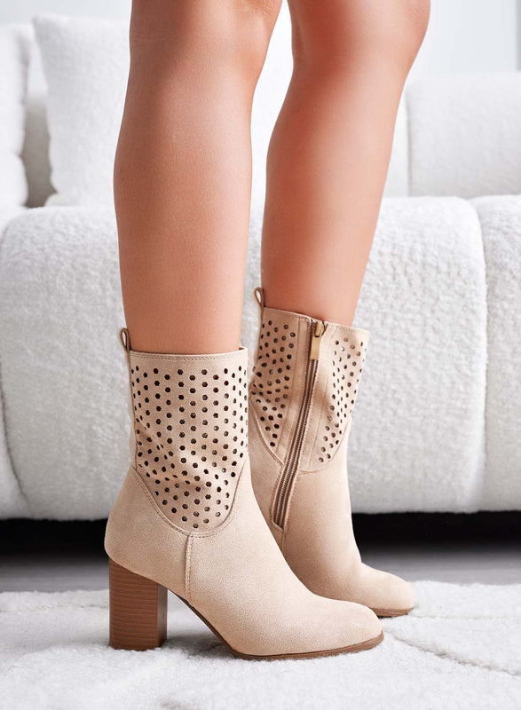 MAYBE - Beige perforated ankle boots with high heel in faux wood