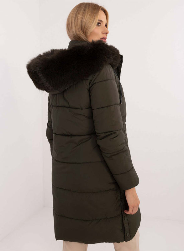 Long green padded jacket with faux fur hood