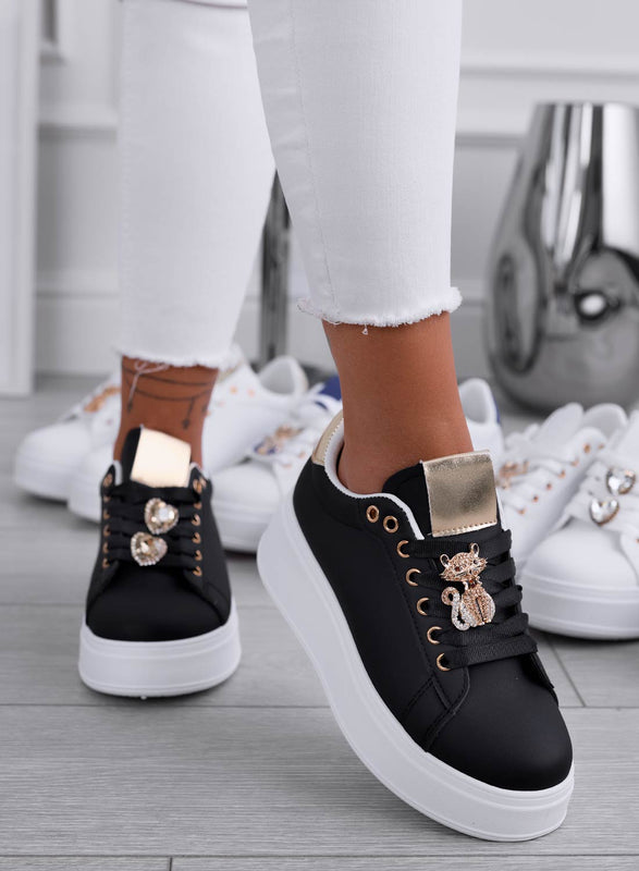 ENERGY - Black sneakers with jewel cat and gold back