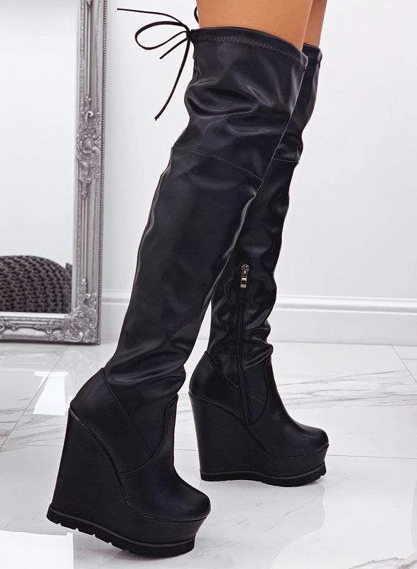 GEMMA Black faux leather over the knee boots with wedges