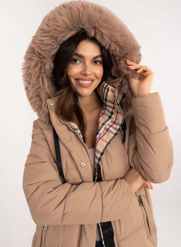 Long mud-colored padded jacket with faux fur hood
