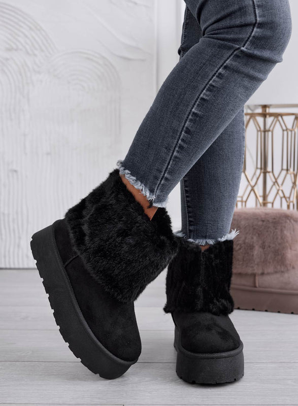 Bottines noires rembourrées avec revers en fausse fourrure