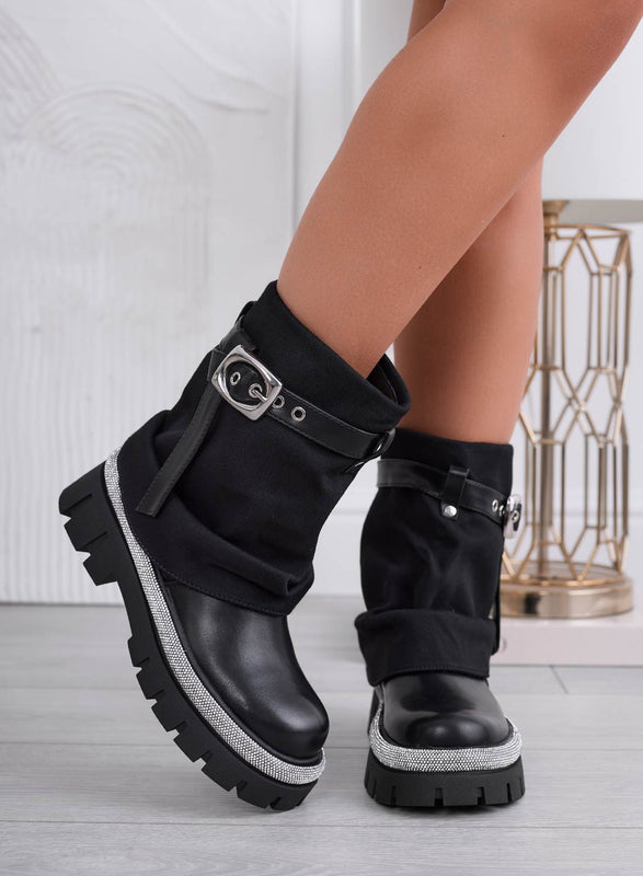 SALLY - Bottines noires avec revers et bordure en strass