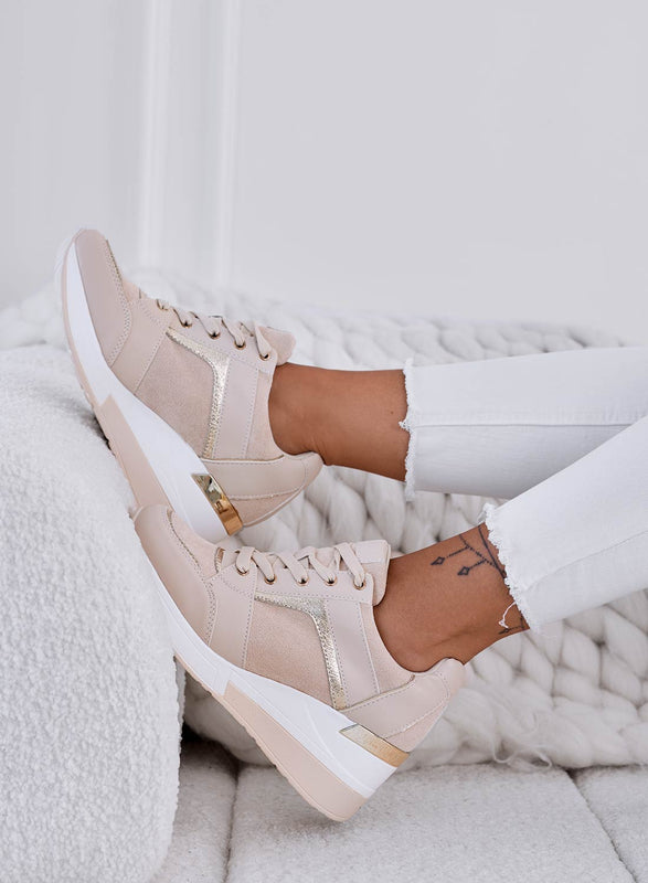 BARAN - Beige sneakers with fabric inserts and wedge