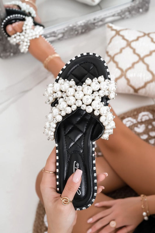 LIARS - Black flat sandals with pearls and rhinestones