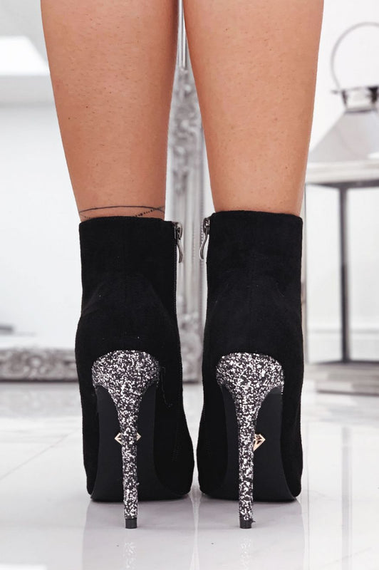 MANDY - Black suede ankle boots with glitter heel and toe