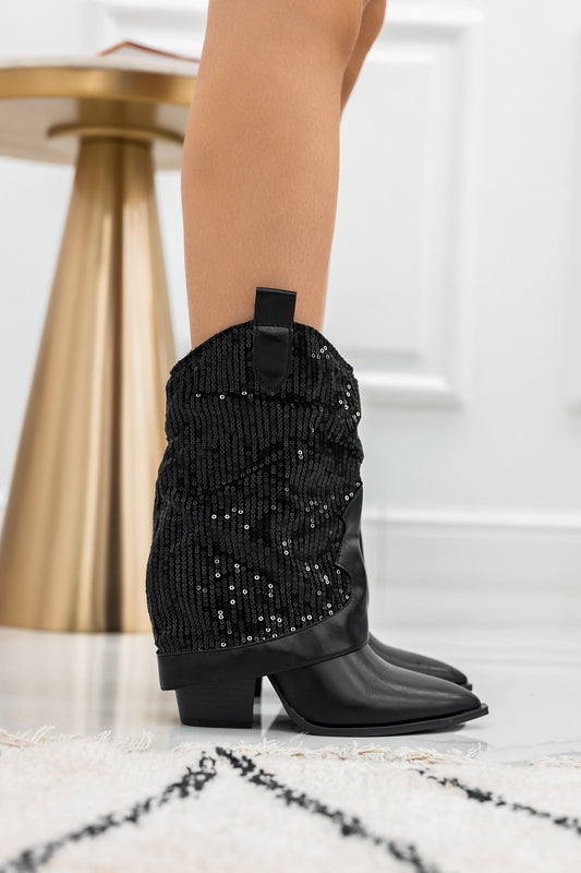 HARMONY -  Black cowboy ankle boots with silver sequins