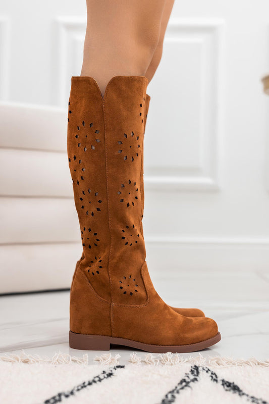 SONYA - Camel perforated suede boots