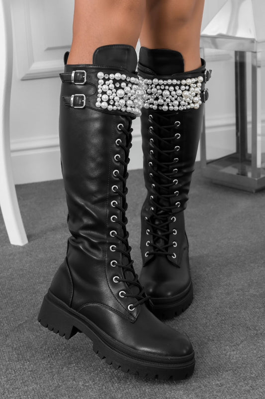 ASMIRA - Black boots with pearls and rhinestones