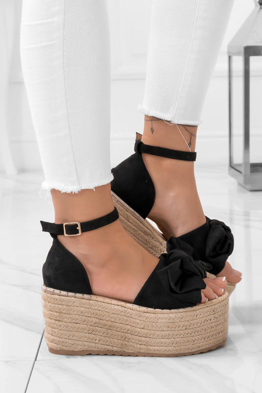 PATRIK - Black espadrilles sandals with high wedge, strap and bow