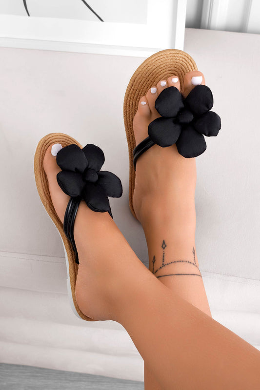 MARCELLA - Black thong sandals with applied flower