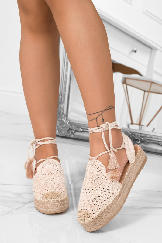 SOPHIE - Embroidered beige espadrilles with ankle strap
