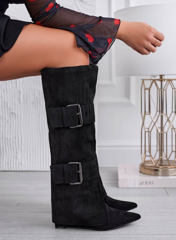 MEDELLIN - Black suede boots with zip and buckles